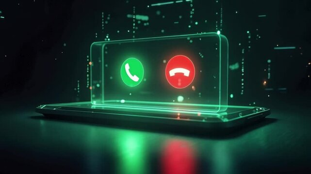 A futuristic holographic interface displaying an incoming call notification with glowing green and red icons, set against a dark digital background.
