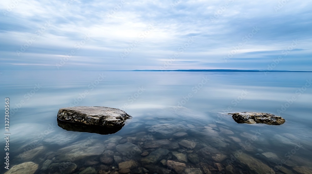 Poster Breathtaking landscape of tranquil water with smooth rocks partially submerged in a calm lake : Generative AI