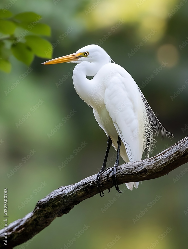 Poster elegant great egret perched on a branch in a blurred natural setting with vibrant colors : generativ