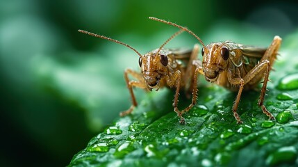 Naklejka premium Two grasshoppers are poised on a raindrop-covered leaf, exemplifying nature's beauty and resilience in this exquisite close-up capturing fine textures and vibrant colors.