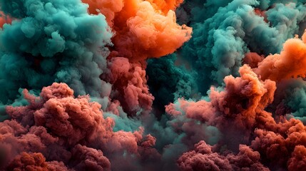 Vibrant Abstract Clouds of Orange and Blue Smoke Flowing Together in a Digital Atmosphere