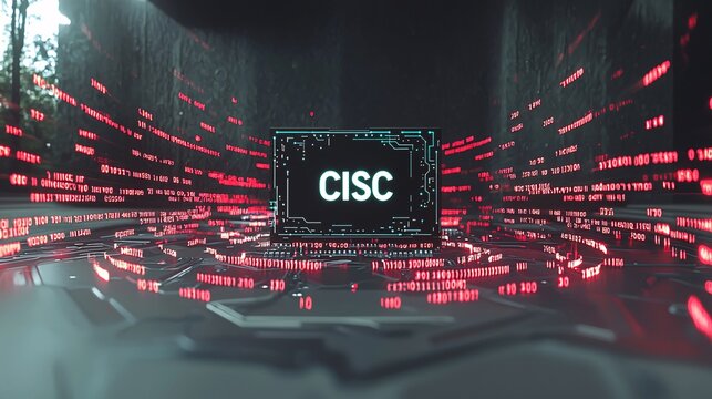 of a microchip with CISC architecture, surrounded by flowing binary code in a tech-inspired backdrop. "CISC" CISC microchip, CPU, circuit board, digital system, signal flow, technology, processing 
