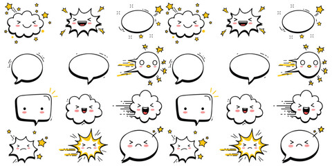 Comic cute speech bubble a set of comic style cartoon icons featuring cute speech bubbles and playful design elements. Includes speech bubbles, emphasis lines, stars, and spark effects to convey.
