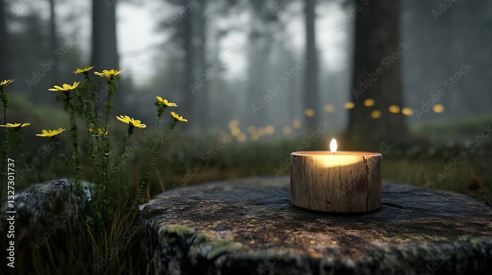 Poster tranquil candle illuminating a forest scene with yellow flowers in a serene atmosphere : generative 