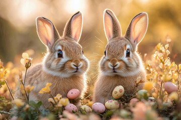 Fototapeta premium Adorable Easter bunny with decorative painted eggs, perfect Paschal holiday celebration composition, generative AI