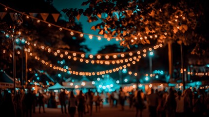Lively Outdoor Festival at Night with Colorful String Lights and Crowds of People in Celebration