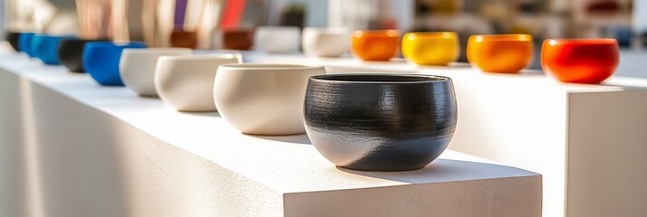 Exposición de elegantes y coloridos recipientes de cerámica dispuestos en estantes blancos.