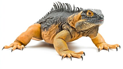Obraz premium Colorful Iguana with Spiked Back and Strong Claws Crawling on White Background