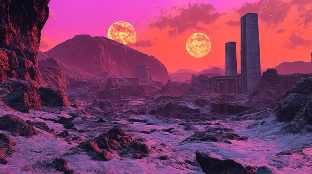 Un paisaje alienígena con dos lunas brillantes sobre ruinas en tonos rosa y violeta.