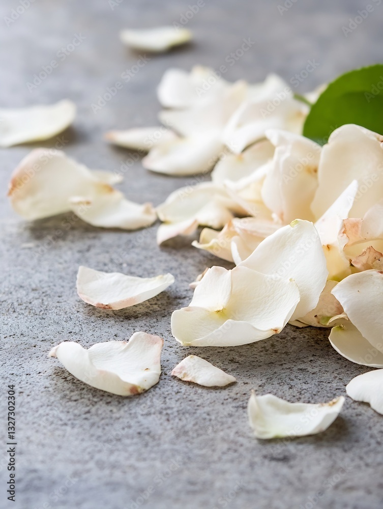 Poster delicate white rose petals scattered on a textured surface with a natural green backdrop : generativ