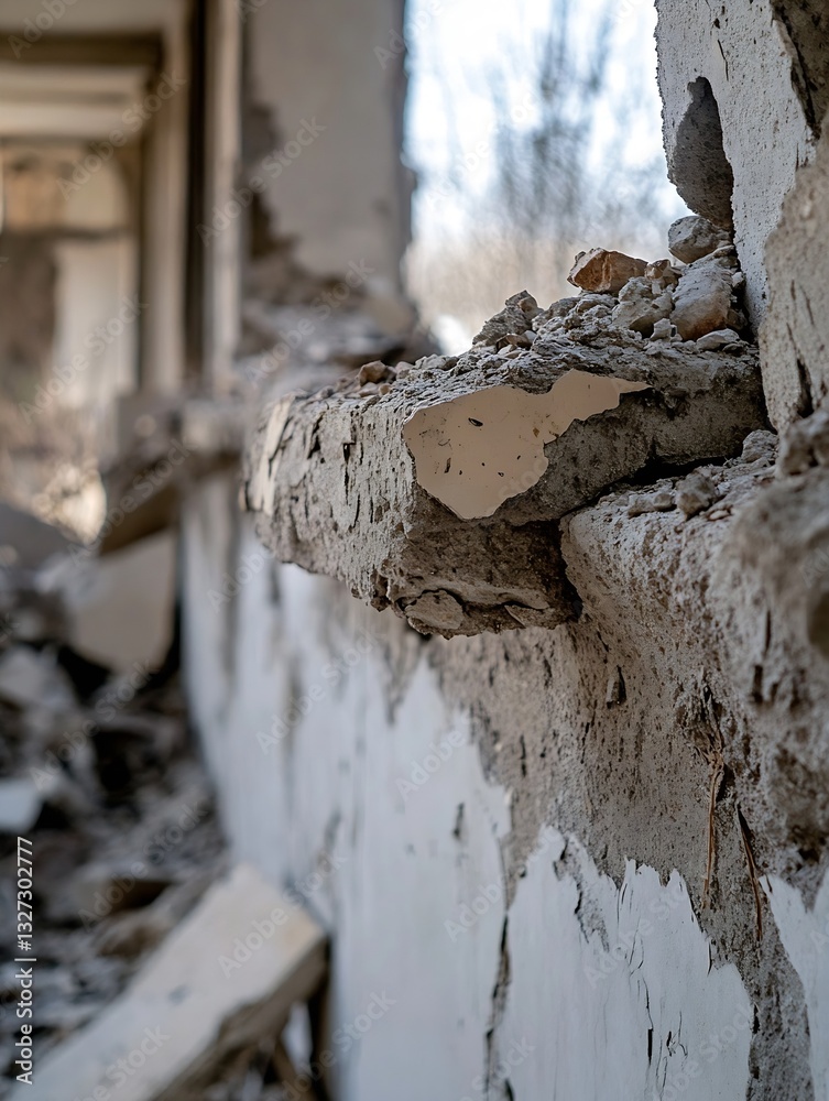 Poster detailed close up view of a weathered concrete wall with rubble highlighting abandonment and decay :