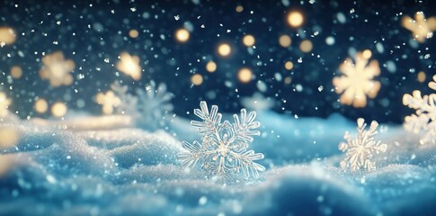 Fototapeta premium Sparkling snowflakes falling onto a bed of glistening winter snow