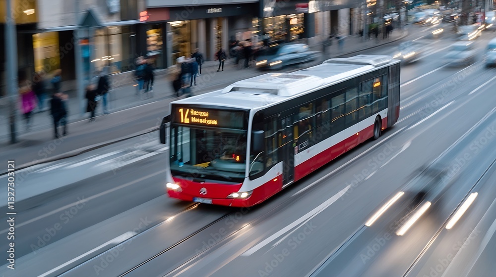 Poster dynamic bus in motion on busy city street with blurred pedestrians and evening lights illuminating b