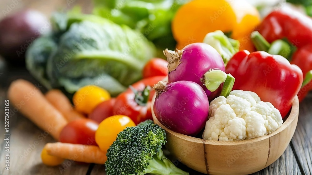 Poster Vibrant assortment of fresh vegetables displayed in a wooden bowl on a rustic table : Generative AI