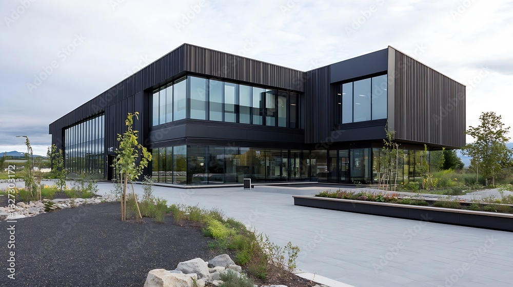 Poster a stunning modern office building showcasing sleek architecture and large glass windows : generative