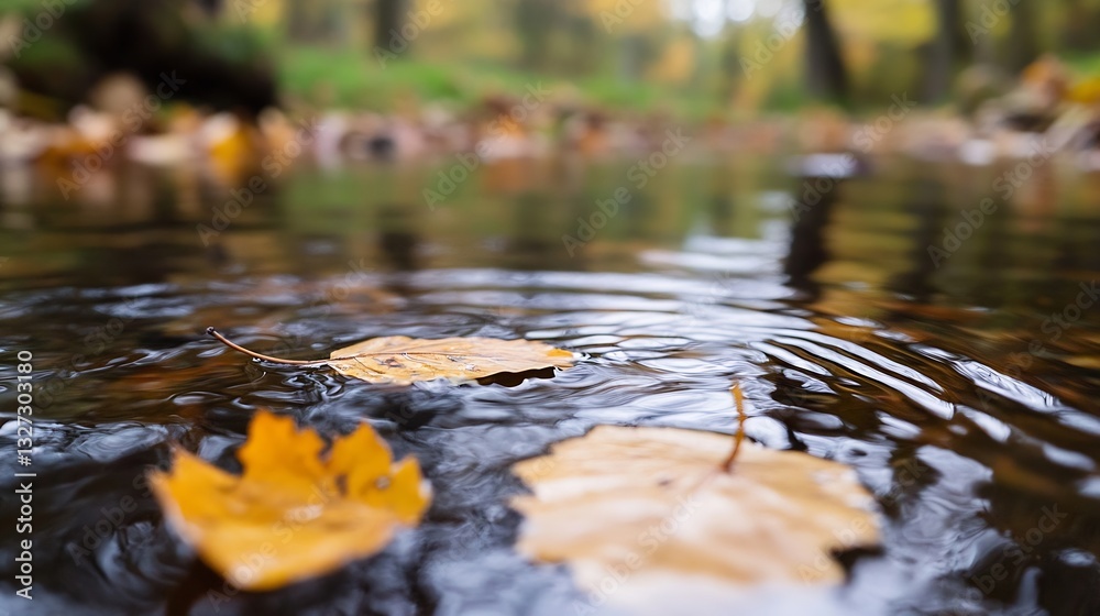 Poster Beautiful autumn leaves floating on a serene river surface creating a tranquil nature scene : Generative AI