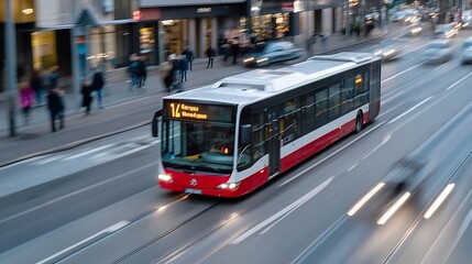 Naklejka premium Dynamic bus in motion on busy city street with blurred pedestrians and evening lights illuminating buildings : Generative AI