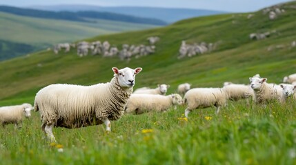 Obraz premium Fluffy white sheep grazing peacefully on lush green grass in a serene rolling hillside landscape : Generative AI