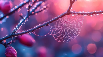 Dew-Kissed Spiderweb Adorned with Morning Dew Drops on a Branch, Exquisite Macro Photography of Nature's Beauty at Sunrise