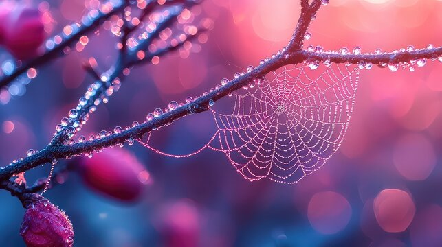 Dew-Kissed Spiderweb Adorned with Morning Dew Drops on a Branch, Exquisite Macro Photography of Nature's Beauty at Sunrise