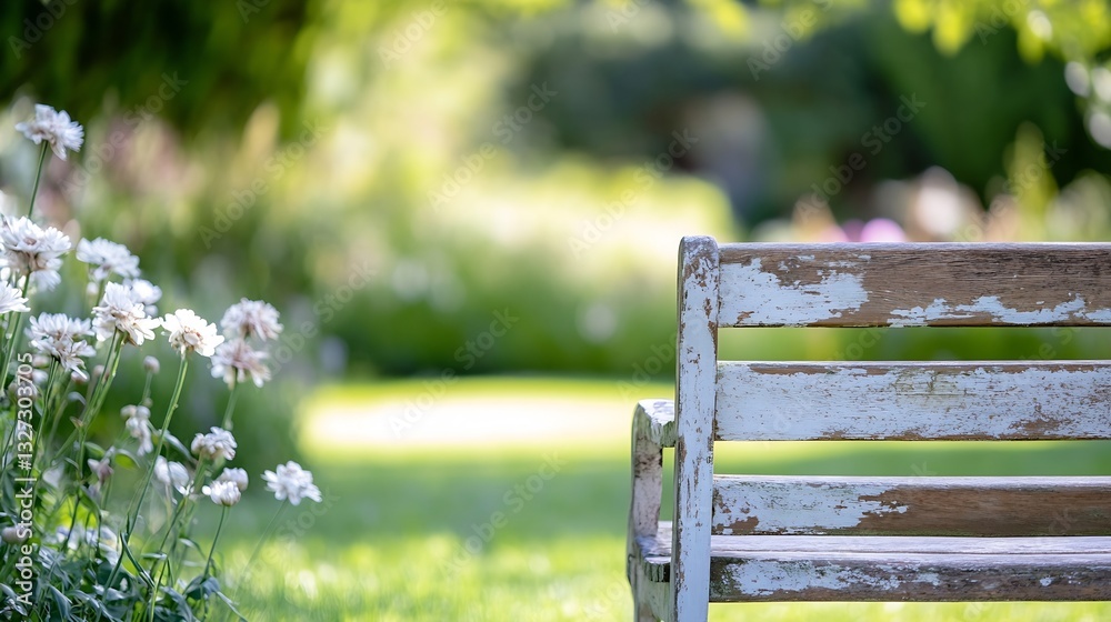 Poster charming rustic wooden bench surrounded by vibrant flowers in a serene garden setting : generative a