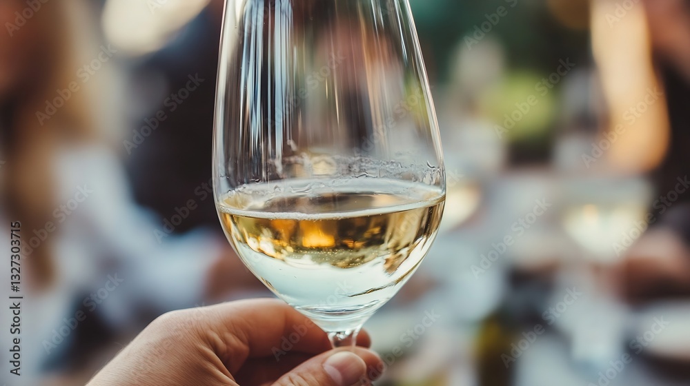 Poster elegant wine glass held by hand showcasing a refreshing drink and blurred background : generative ai