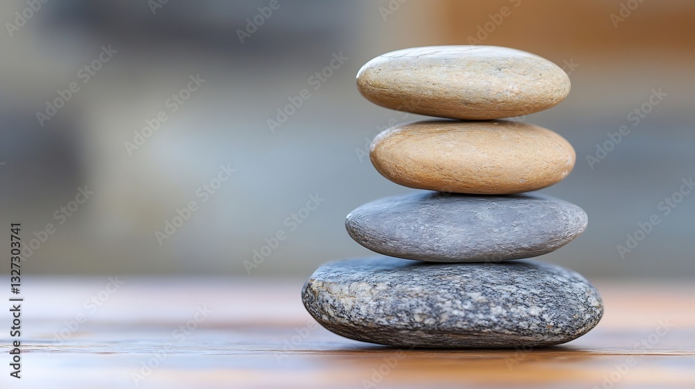 Poster carefully stacked stones balanced perfectly highlighting tranquility and harmony in nature : generat