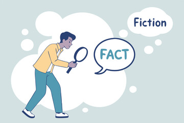 Fact checking, analyze truth, lie or dishonesty, proof information, decision to identify fact, verification or validate data concept, businessman with magnifying glass analyze fact from false info.