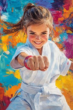 Una ni&ntilde;a karateca sonriente lanza un golpe en&eacute;rgico frente a un fondo colorido.