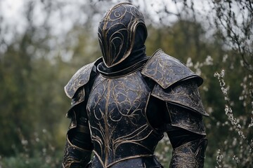 Un caballero en armadura detallada se erige en un paisaje natural, emitiendo una presencia mística y poderosa.