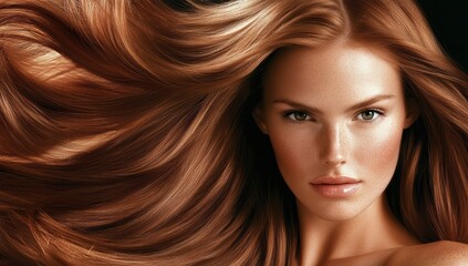 Obraz premium Beautiful woman with long flowing red hair and freckles looking directly at the camera with smooth skin