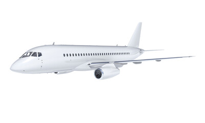Modern white passenger airplane flying, isolated on transparent background