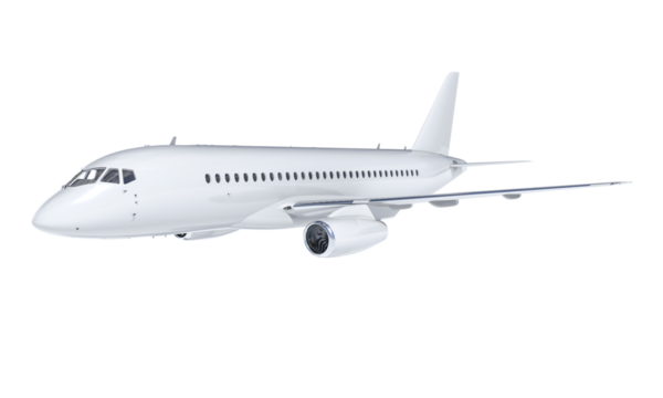 Modern white passenger airplane flying, isolated on transparent background