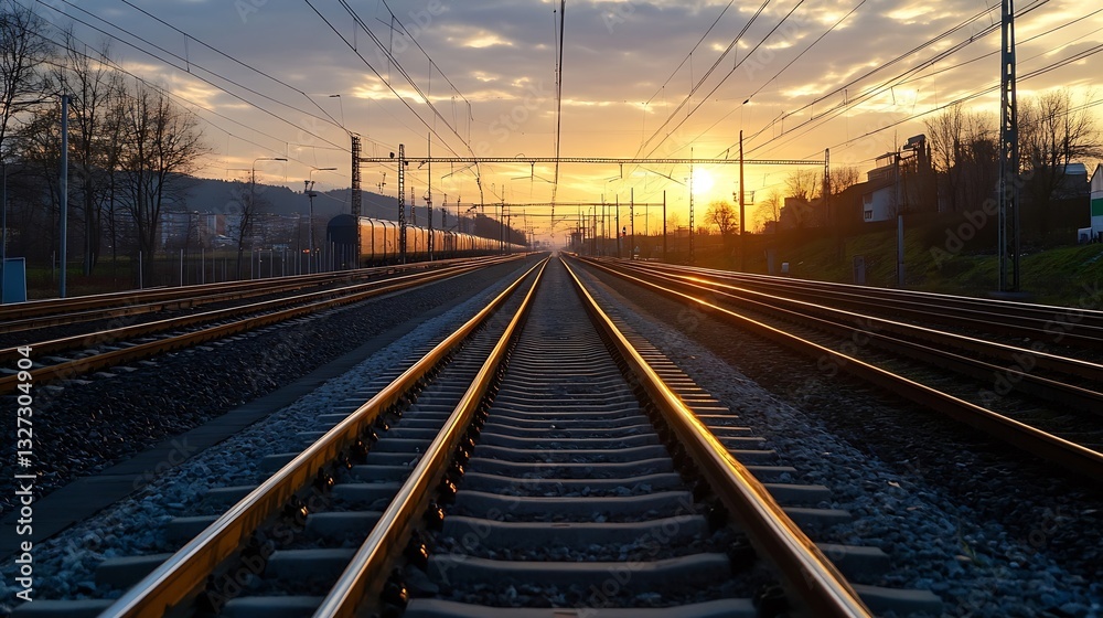 Poster scenic railway tracks leading into a sunset with reflecting clouds and golden light : generative ai