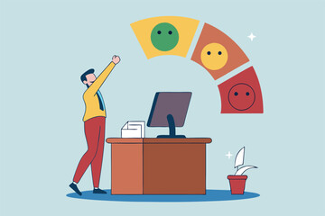 Job satisfaction, work environment wellbeing, office quality happiness, work life balance score rating, career growth or workload concept, businessman working at office desk with satisfaction rating.
