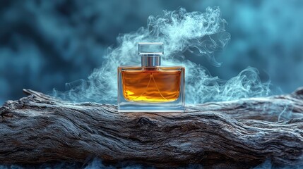 Mystical Amber Perfume Bottle with Ethereal Smoke, Luxurious Fragrance, Aromatic Scent, Elegant Glass, Dark Wooden Background, Dramatic Lighting, Still Life Photography