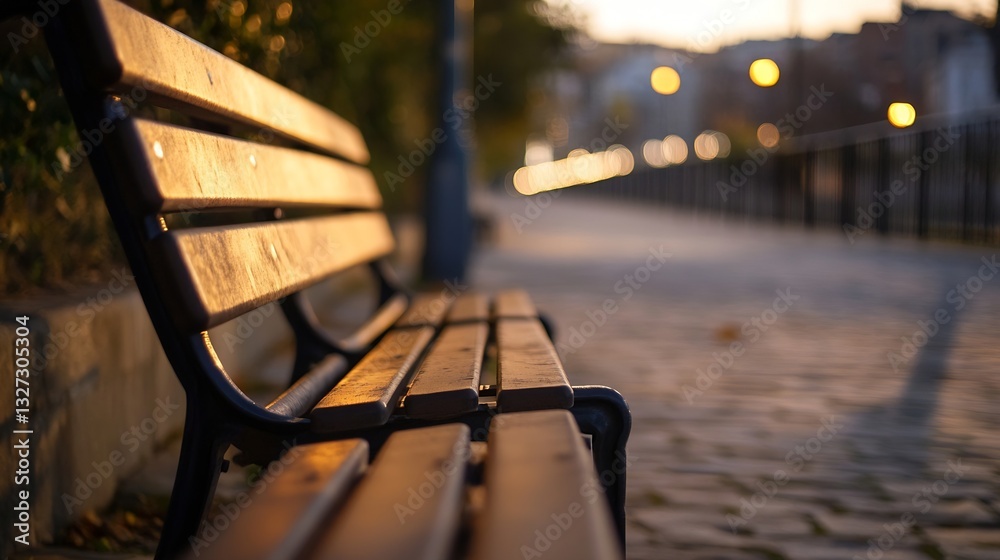 Aufkleber Sunset scene of an empty wooden bench on a peaceful street with soft glowing lights creating a serene ambiance : Generative AI