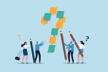 Ask question, listing problem to gather solution idea, faq or questionnaire, uncertainty, doubt or clarification, curiosity, solving problem concept, business people listing question mark sticky note.