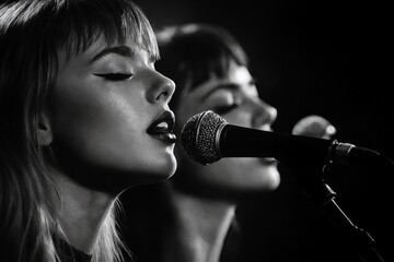 Dos cantantes en un emotivo momento, capturadas en blanco y negro, transmitiendo pasi&oacute;n y energ&iacute;a musical.