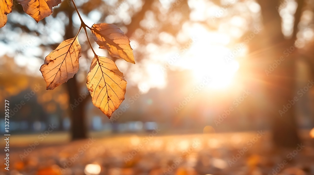 Aufkleber golden autumn leaves glowing in warm sunlight with soft bokeh in a tranquil park setting : generativ