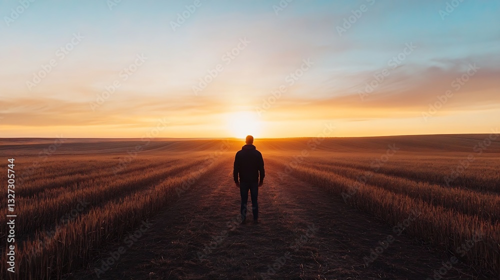 Poster silhouette of a person standing in a golden field at sunset with vast landscape stretching out to th