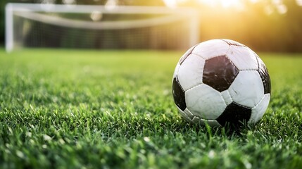 Fototapeta premium Close up of a classic black and white soccer ball resting on green grass field with goal in background at sunset : Generative AI