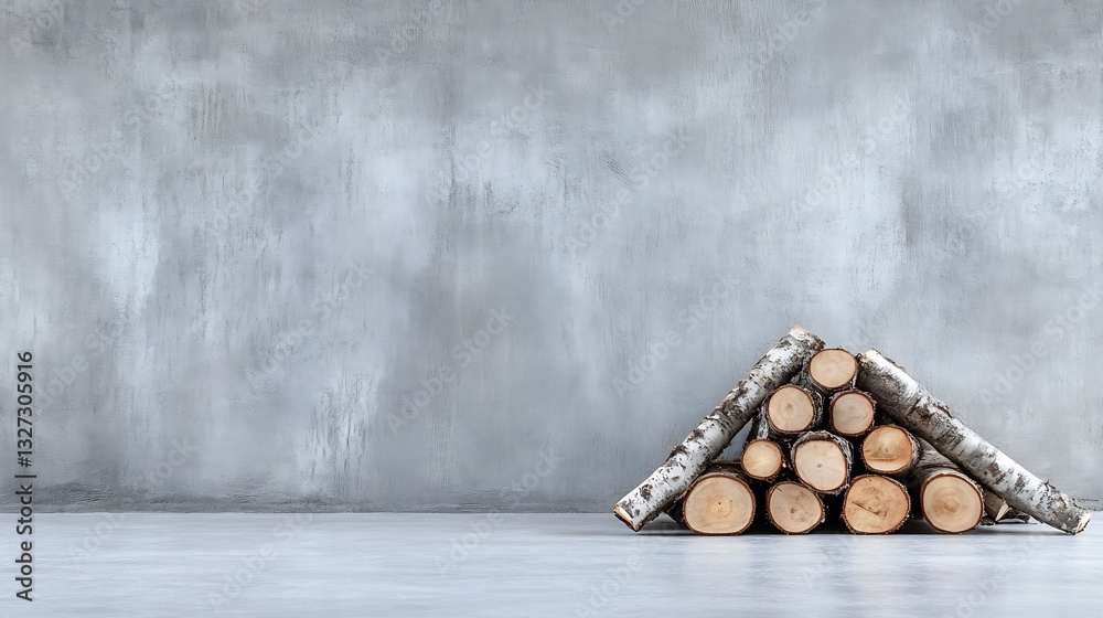 Poster stacked birch logs against an elegant grey wall highlighting rustic charm and natural textures in in
