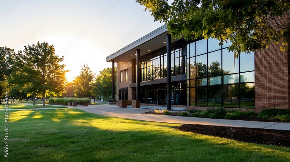 Poster modern building facade at dusk with sunlight glowing through green trees : generative ai