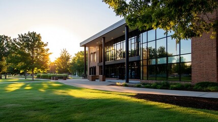 Modern Building Facade at Dusk with Sunlight Glowing Through Green Trees : Generative AI
