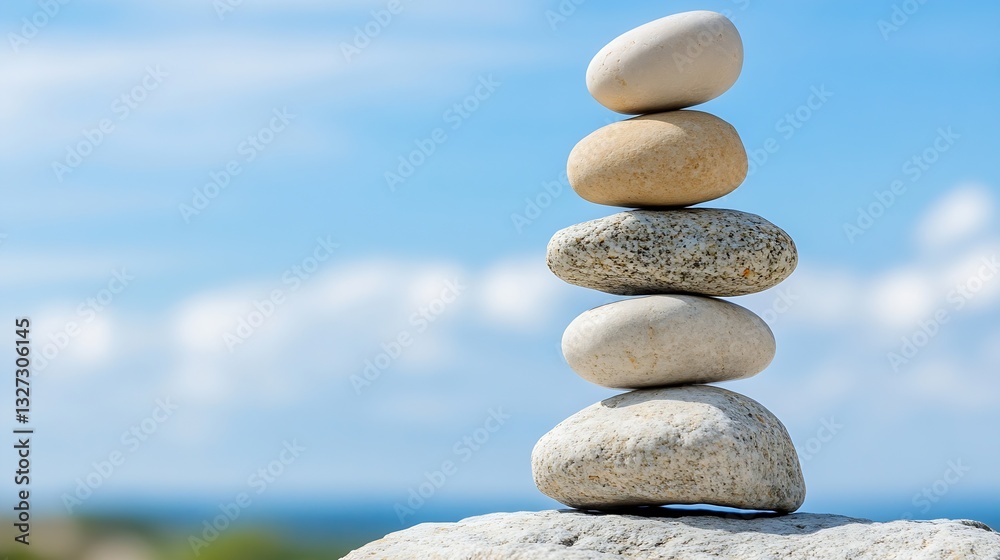 Aufkleber Serene stack of smooth stones symbolizing calmness and meditation with clear blue sky and ocean background : Generative AI