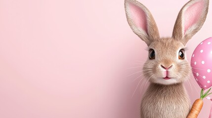 Adorable Brown Bunny Rabbit with Pink Balloon on Pale Pink Background