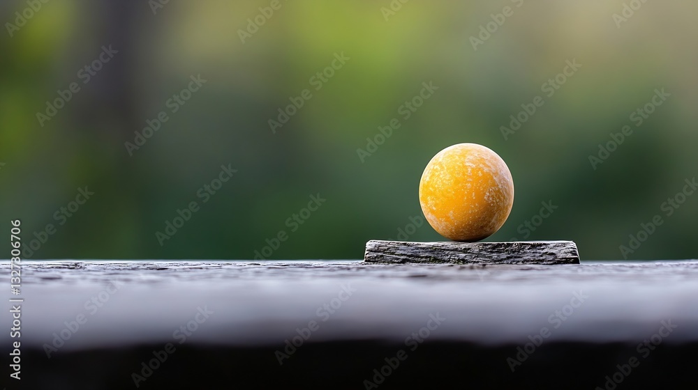 Poster unique yellow ball on a wooden surface surrounded by a softly blurred green nature background : gene