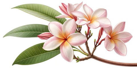 Fototapeta premium Pink Plumeria Blossom Branch Close-up botanical illustration of tropical frangipani flowers and leaves, Plumeria , Frangipani