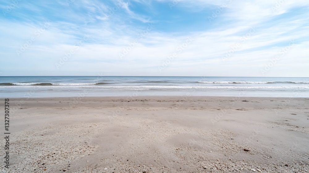 Poster calm and peaceful beach scene with gentle waves lapping at the sandy shore beneath a clear blue sky 